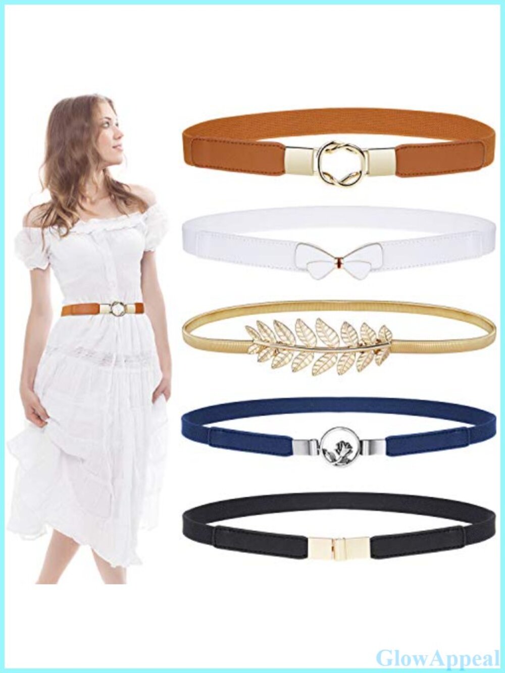 Skinny Stretch Waist Belts 5 Pack Metal Buckle Elastic Dress Belts